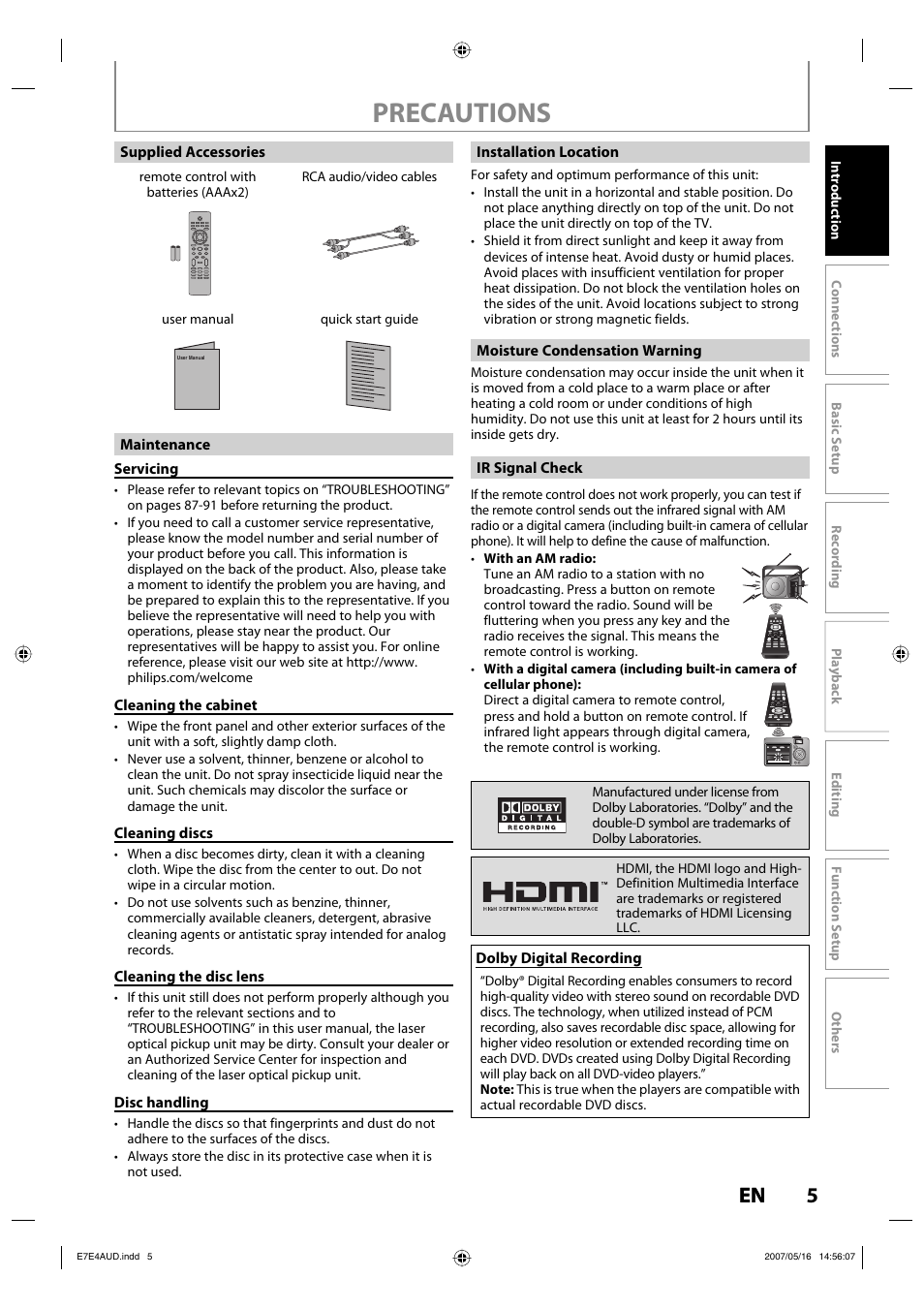 Precautions | Philips DVDR3475-37 User Manual | Page 5 / 96