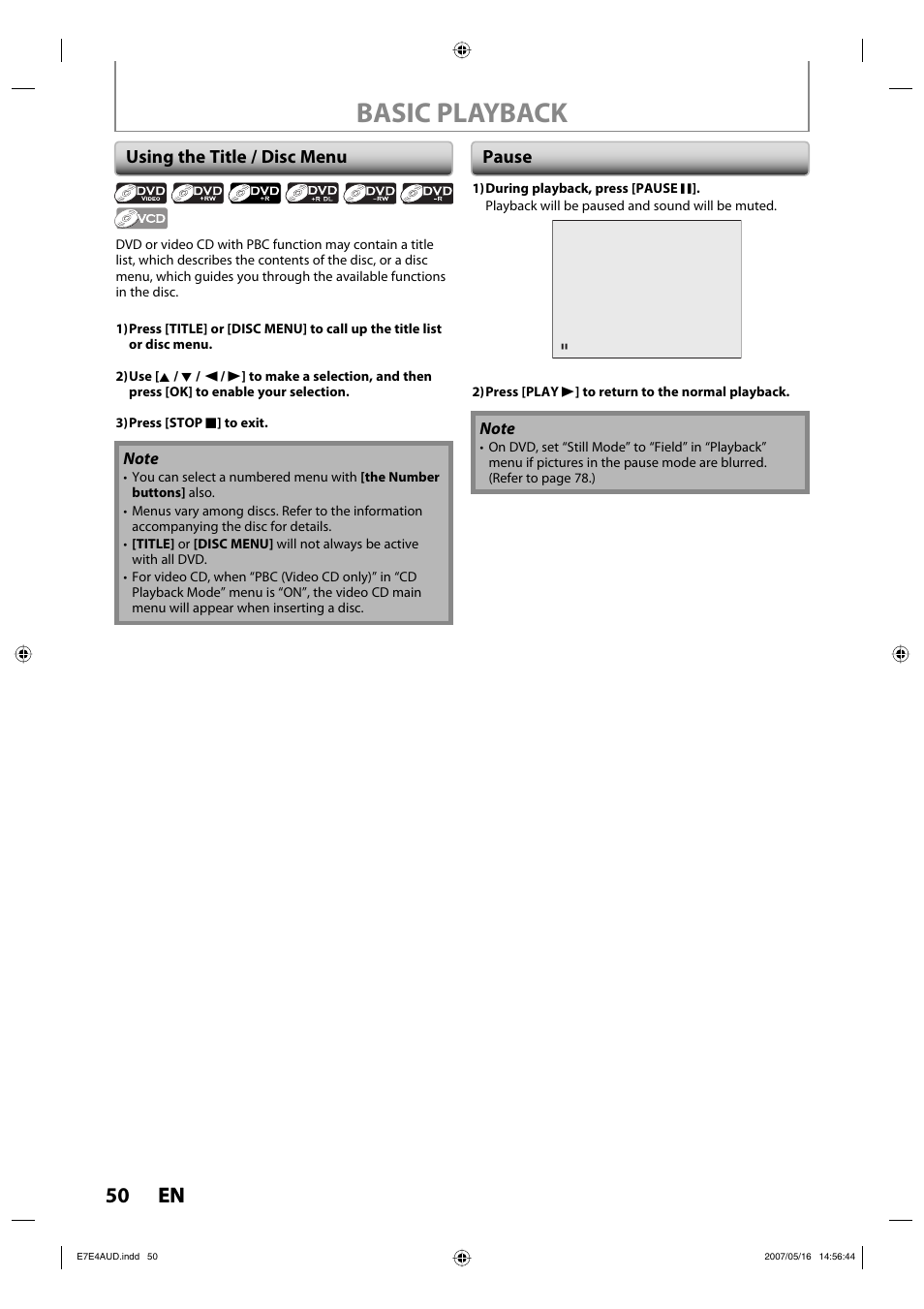 Basic playback, 50 en 50 en, Using the title / disc menu | Pause | Philips DVDR3475-37 User Manual | Page 50 / 96