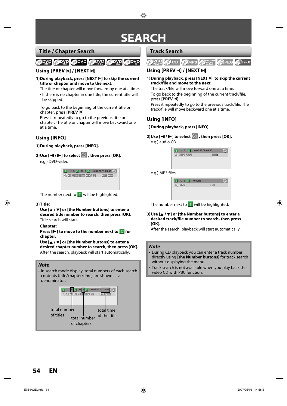 Search, 54 en 54 en, Title / chapter search | Track search | Philips DVDR3475-37 User Manual | Page 54 / 96