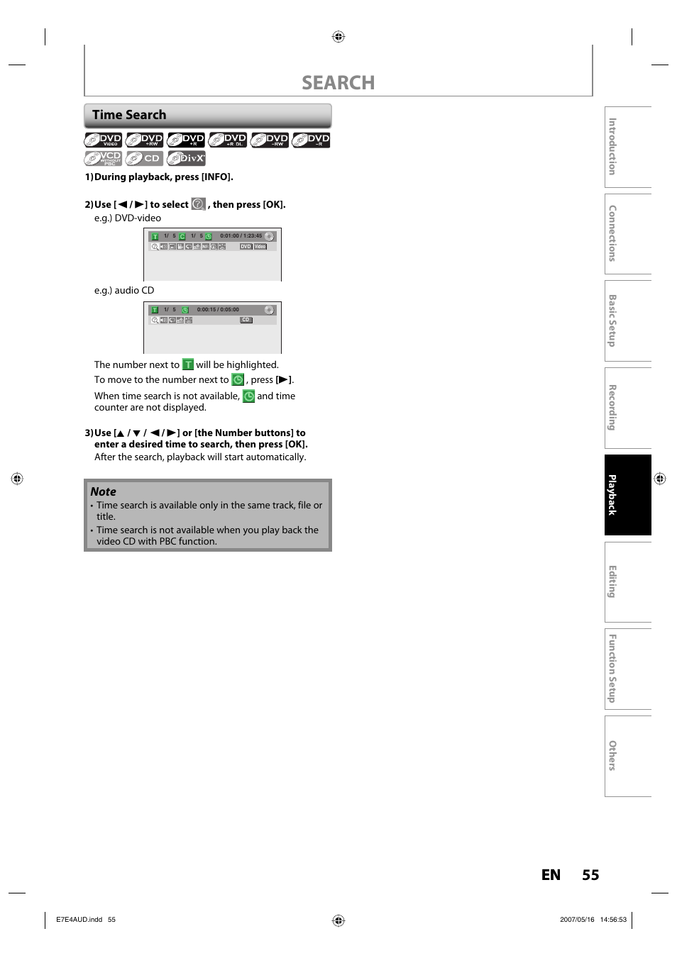 Search, 55 en, Time search | Philips DVDR3475-37 User Manual | Page 55 / 96