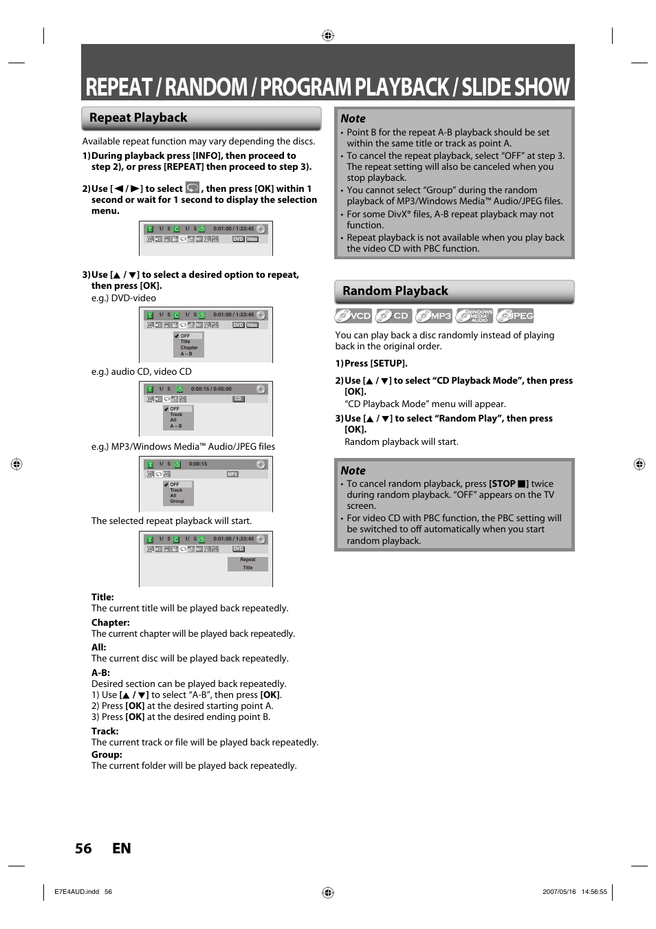 Repeat / random / program playback / slide show, 56 en 56 en, Repeat playback random playback | Philips DVDR3475-37 User Manual | Page 56 / 96