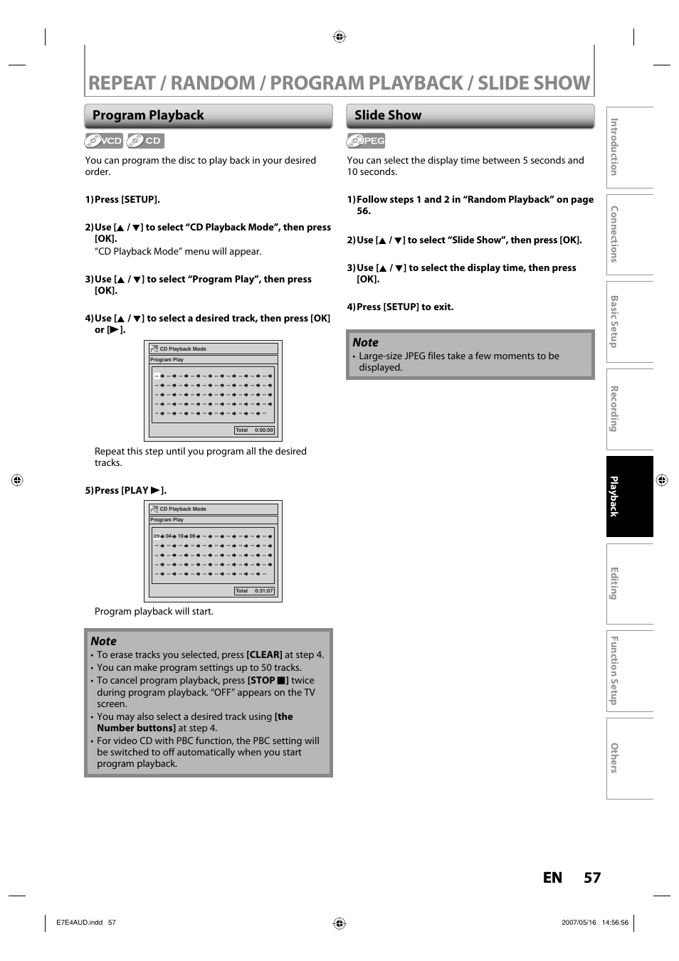 Repeat / random / program playback / slide show, 57 en, Program playback | Slide show, Program playback will start | Philips DVDR3475-37 User Manual | Page 57 / 96