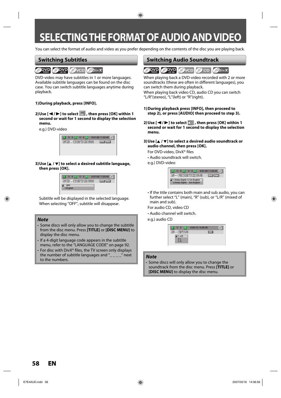 Selecting the format of audio and video, 58 en 58 en, Switching subtitles | Switching audio soundtrack | Philips DVDR3475-37 User Manual | Page 58 / 96