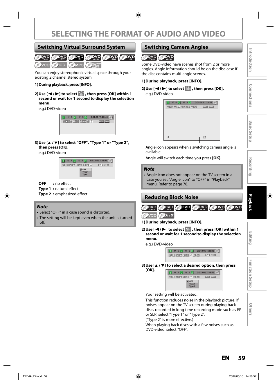 Selecting the format of audio and video, 59 en, Switching virtual surround system | Switching camera angles, Reducing block noise | Philips DVDR3475-37 User Manual | Page 59 / 96