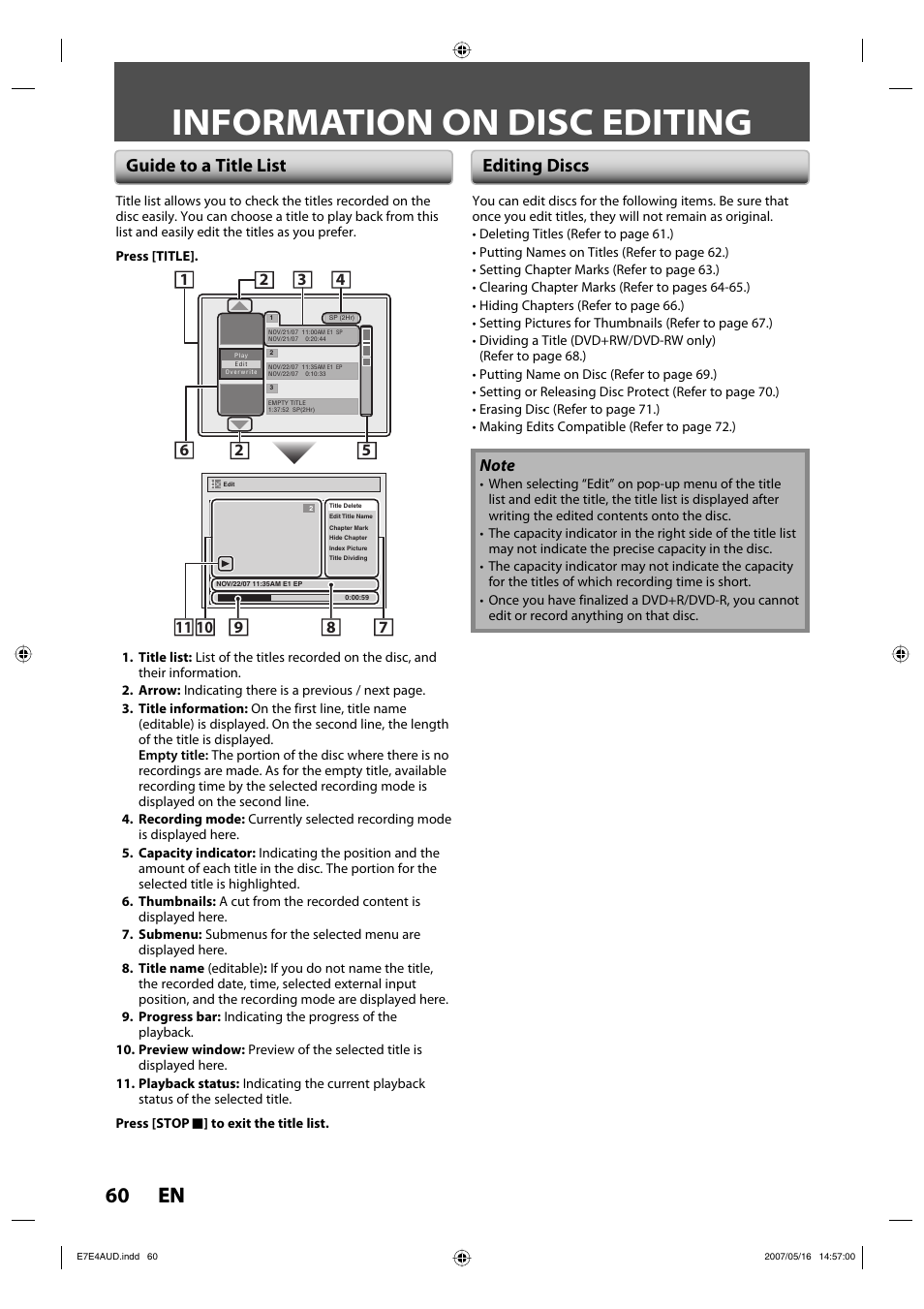 Information on disc editing, 60 en 60 en, Guide to a title list editing discs | Philips DVDR3475-37 User Manual | Page 60 / 96
