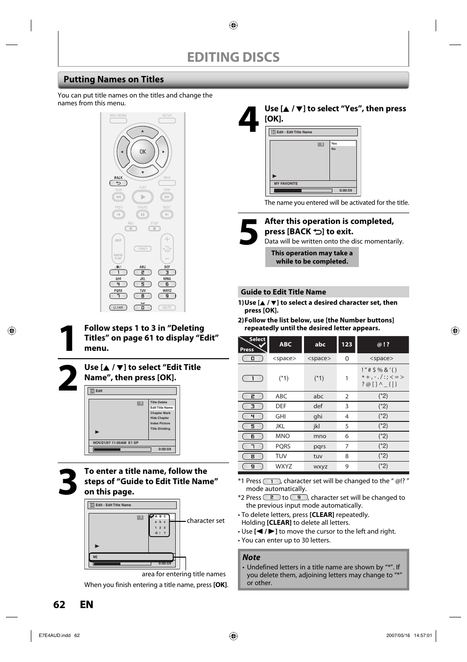 Editing discs, 62 en 62 en, Putting names on titles | Philips DVDR3475-37 User Manual | Page 62 / 96