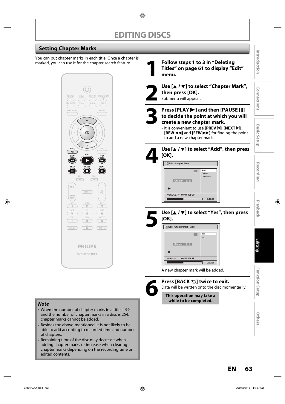 Editing discs | Philips DVDR3475-37 User Manual | Page 63 / 96