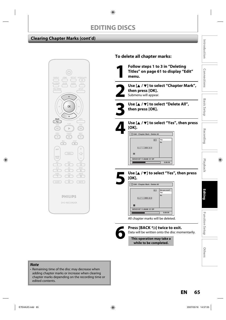 Editing discs | Philips DVDR3475-37 User Manual | Page 65 / 96