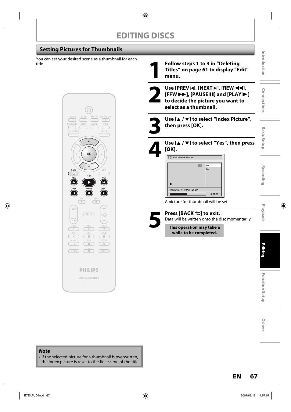 Editing discs | Philips DVDR3475-37 User Manual | Page 67 / 96