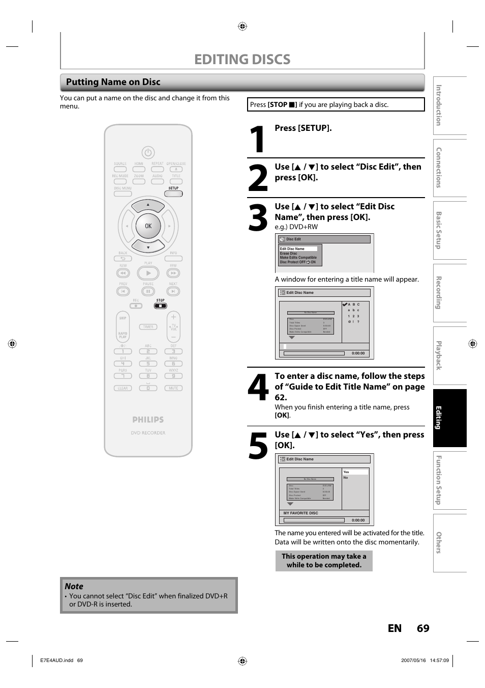 Editing discs, 69 en, Putting name on disc | Philips DVDR3475-37 User Manual | Page 69 / 96