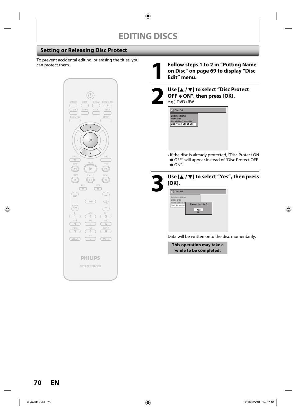 Editing discs | Philips DVDR3475-37 User Manual | Page 70 / 96