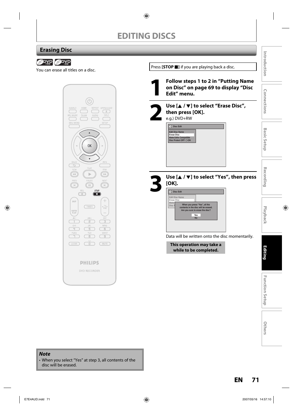 Editing discs, 71 en | Philips DVDR3475-37 User Manual | Page 71 / 96