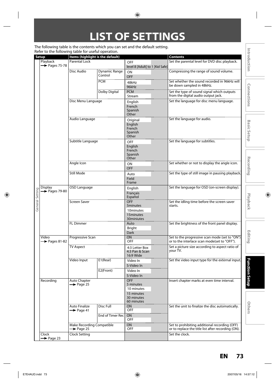 List of settings, 73 en | Philips DVDR3475-37 User Manual | Page 73 / 96