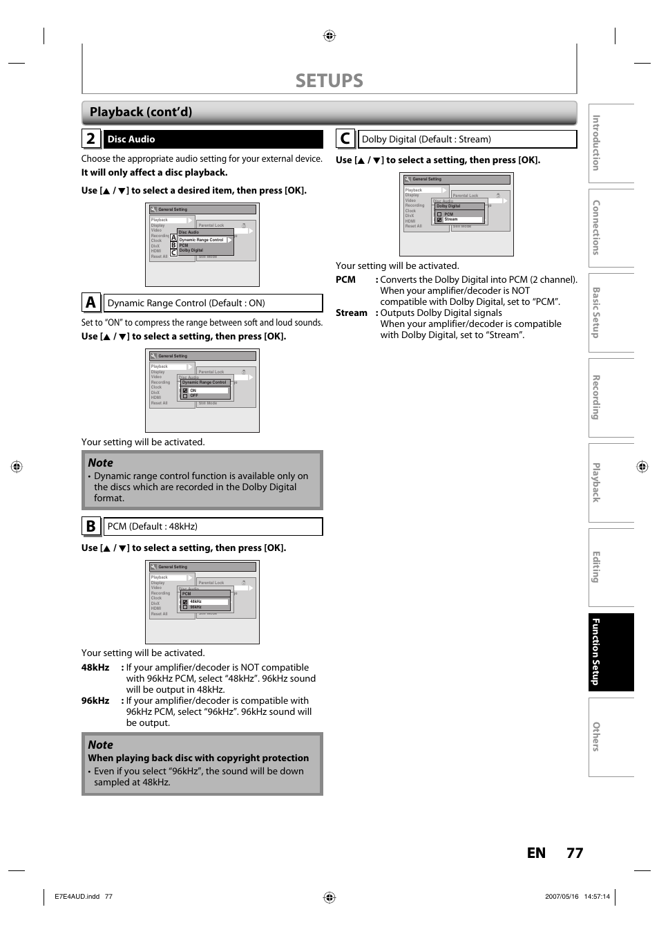 Setups, 77 en, Playback (cont’d) | Philips DVDR3475-37 User Manual | Page 77 / 96