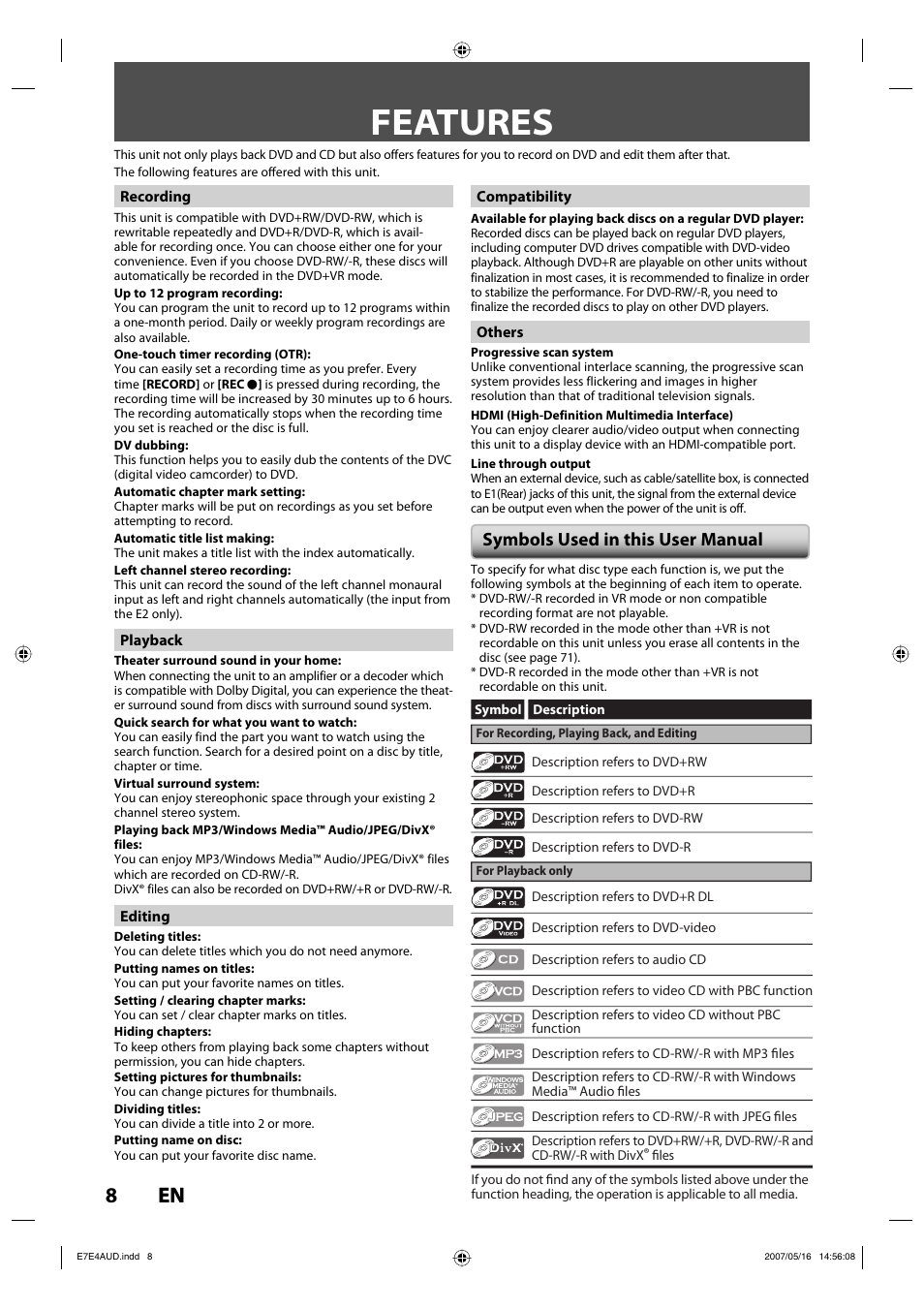 Features, 8en 8 en, Symbols used in this user manual | Philips DVDR3475-37 User Manual | Page 8 / 96