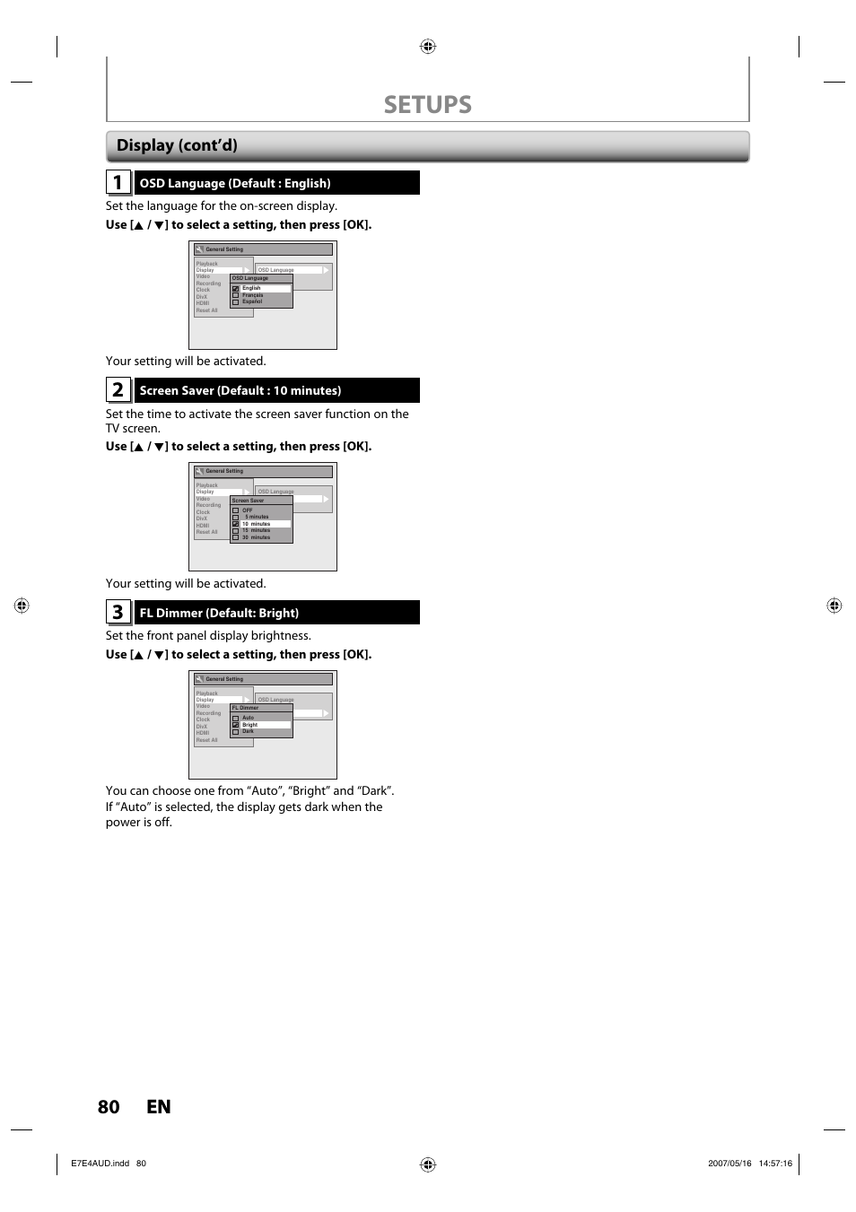Setups, 80 en 80 en, Display (cont’d) | Philips DVDR3475-37 User Manual | Page 80 / 96