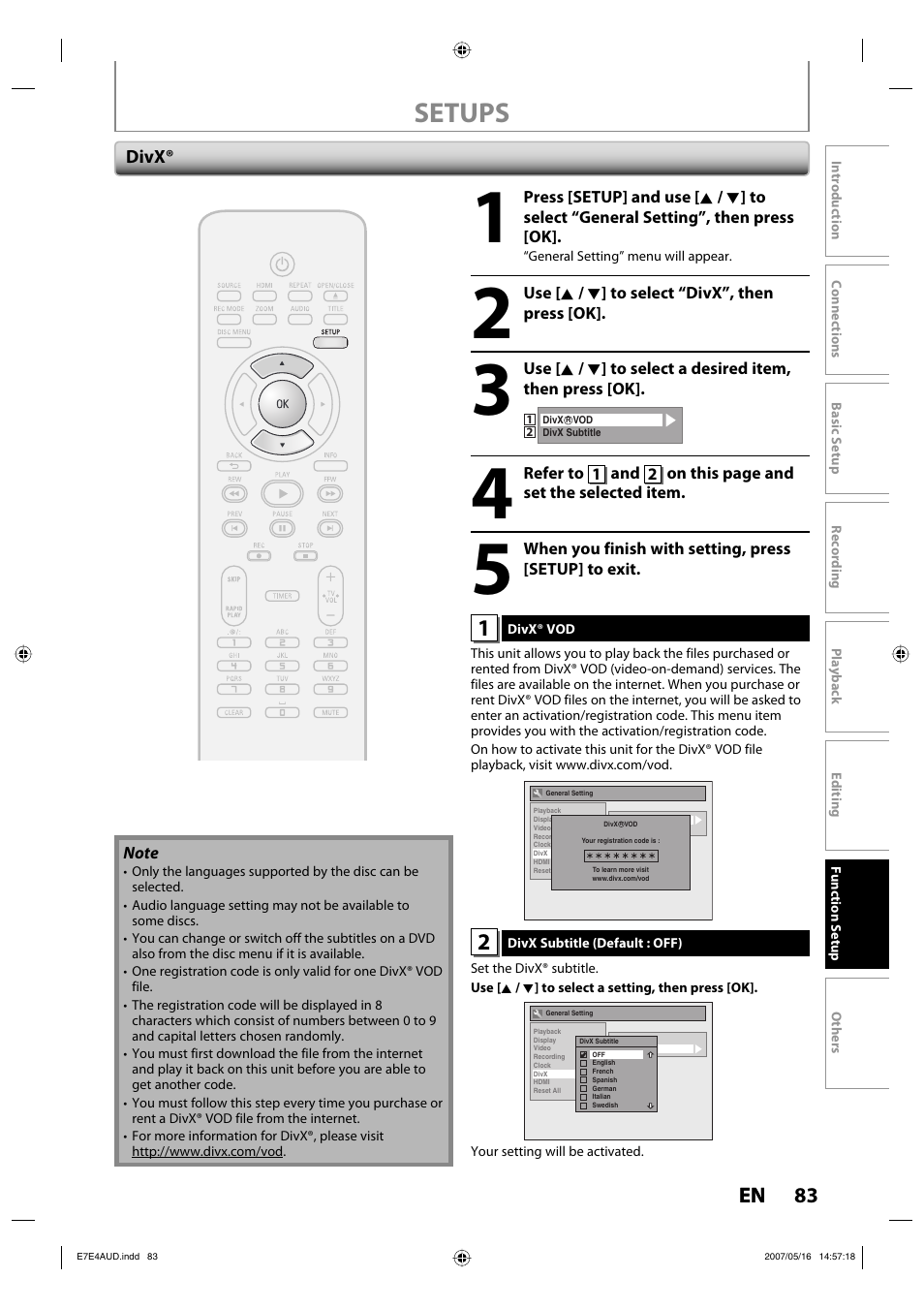 Setups, 83 en | Philips DVDR3475-37 User Manual | Page 83 / 96