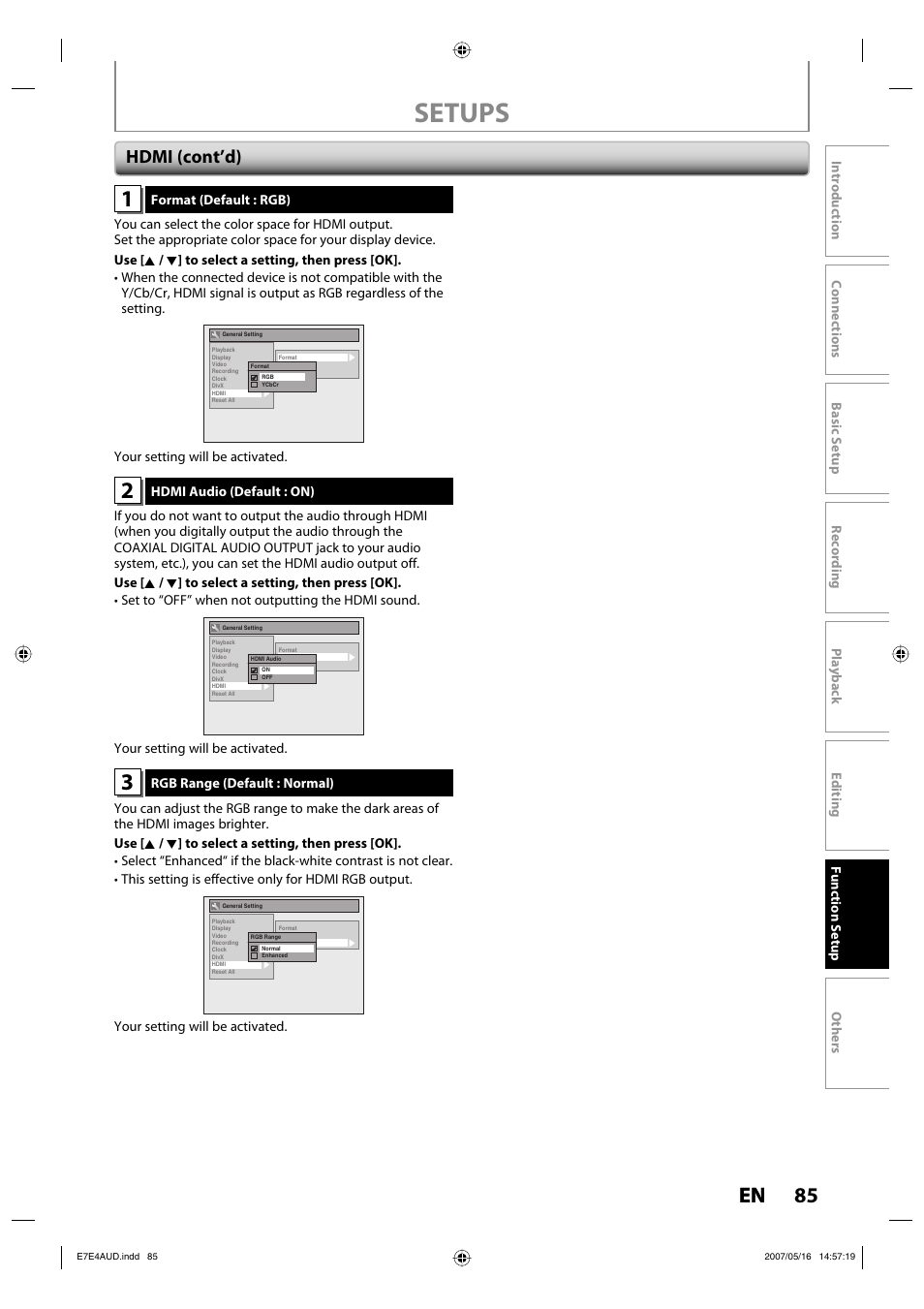 Setups, 85 en, Hdmi (cont’d) | Philips DVDR3475-37 User Manual | Page 85 / 96