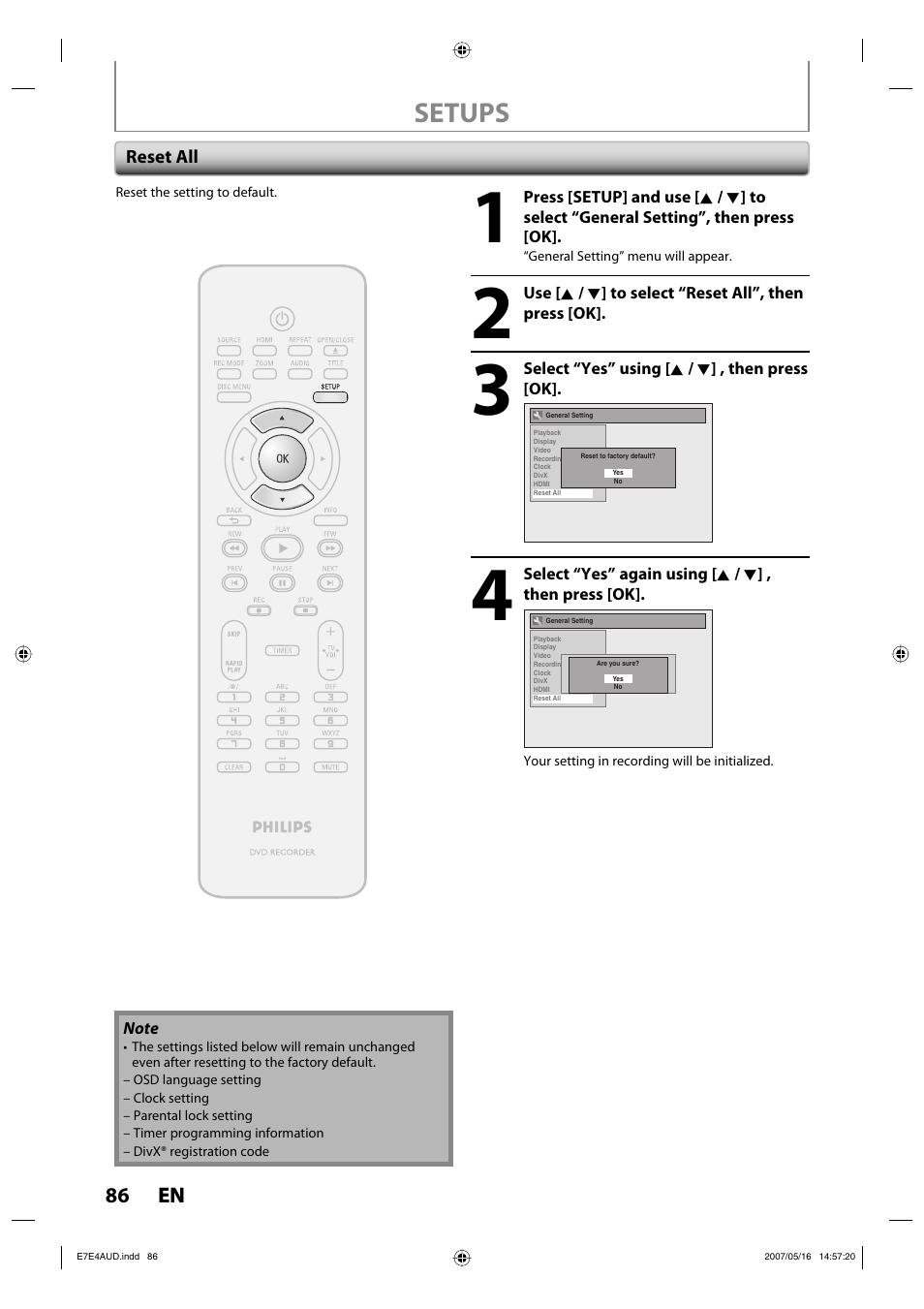 Setups | Philips DVDR3475-37 User Manual | Page 86 / 96