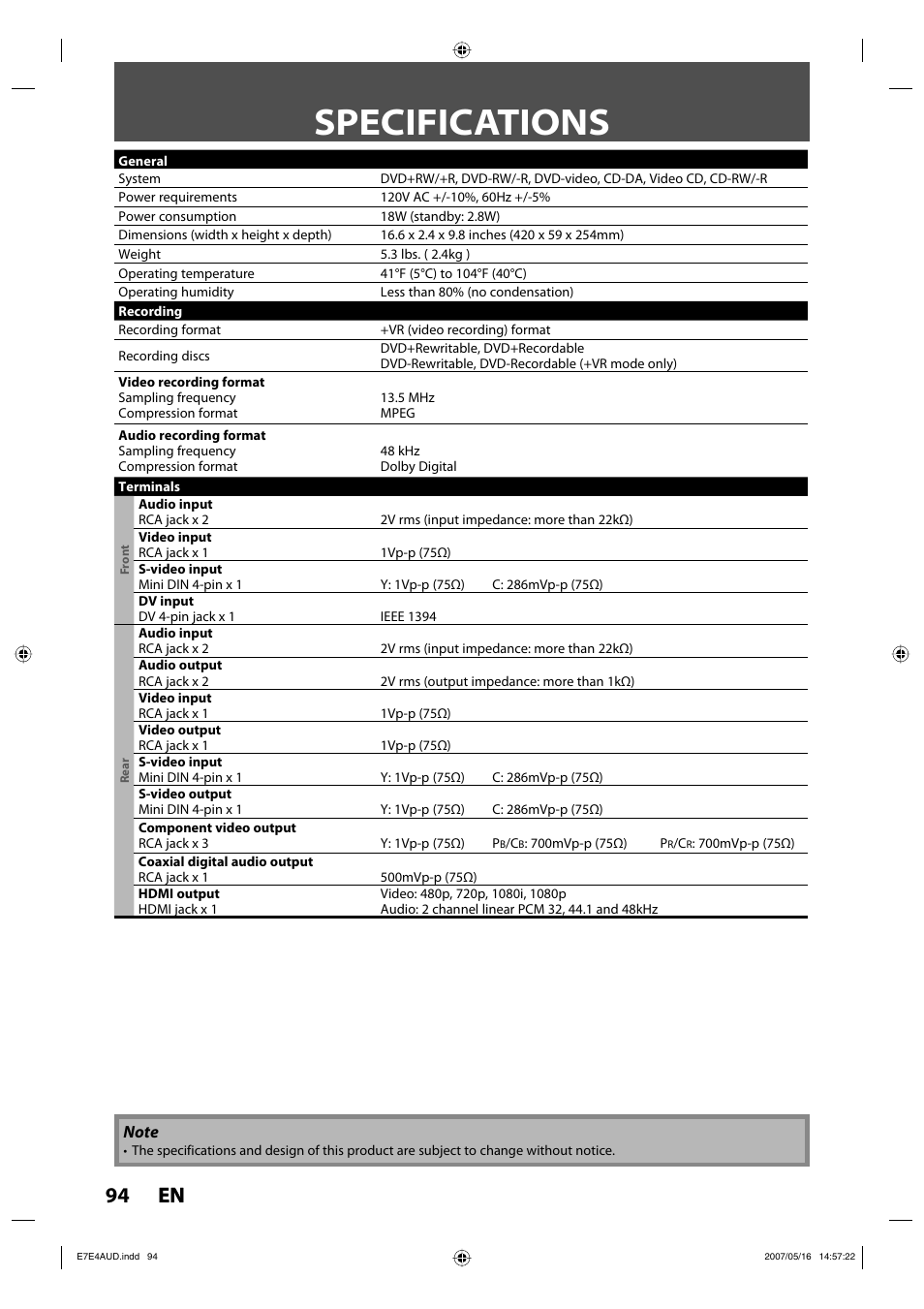 Specifications, 94 en 94 en | Philips DVDR3475-37 User Manual | Page 94 / 96