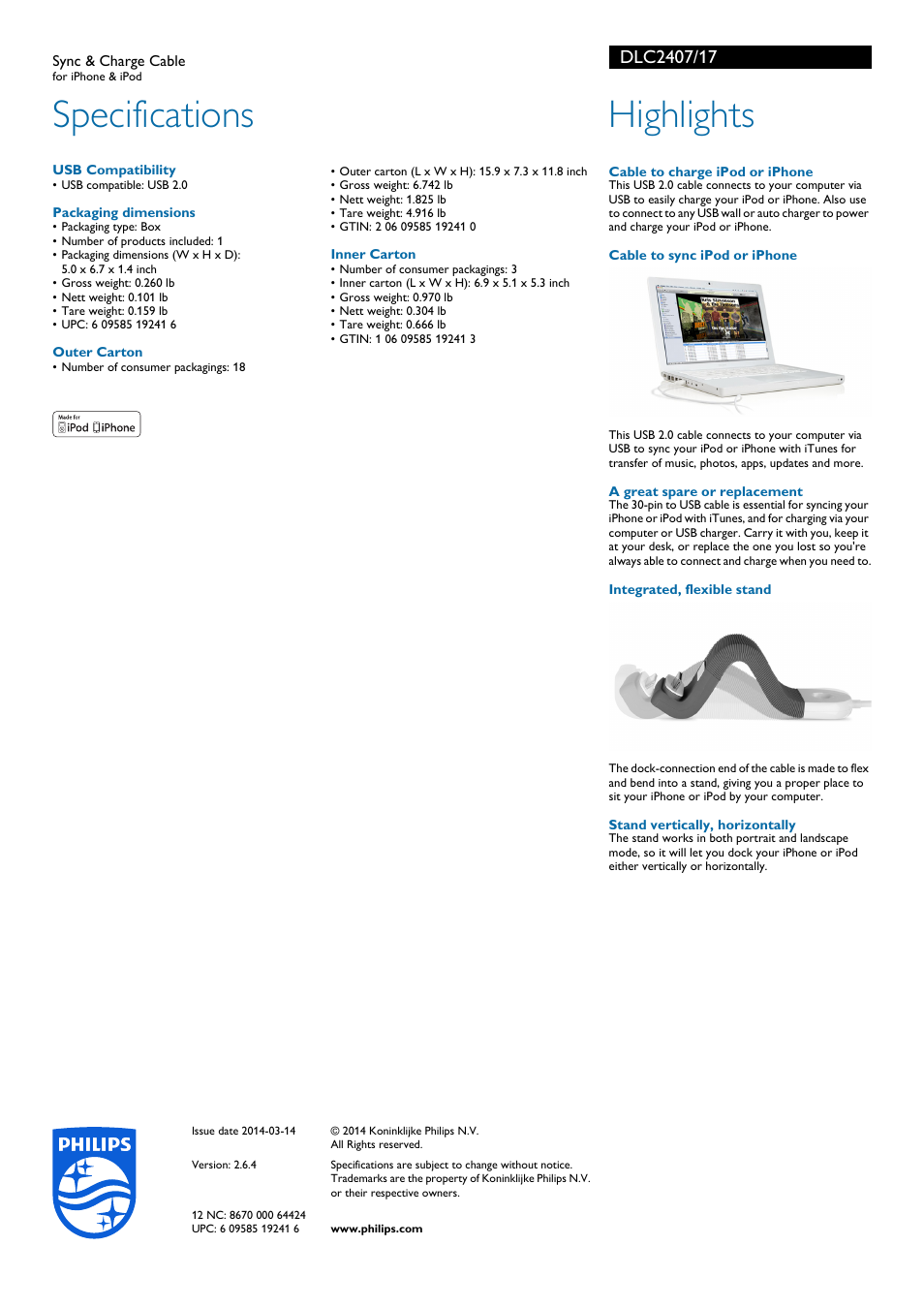 Specifications, Highlights | Philips Sync & Charge Cable DLC2407 for iPhone & iPod User Manual | Page 2 / 2