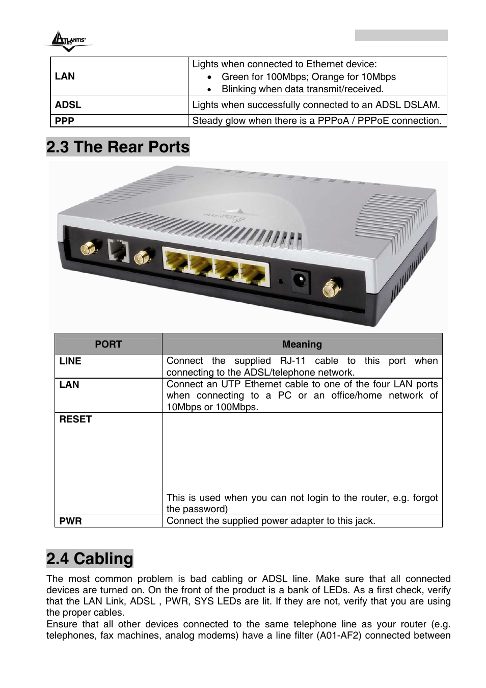 3 the rear ports, 4 cabling | Atlantis Land A02-RA243-W54M_ME01 User Manual | Page 13 / 88