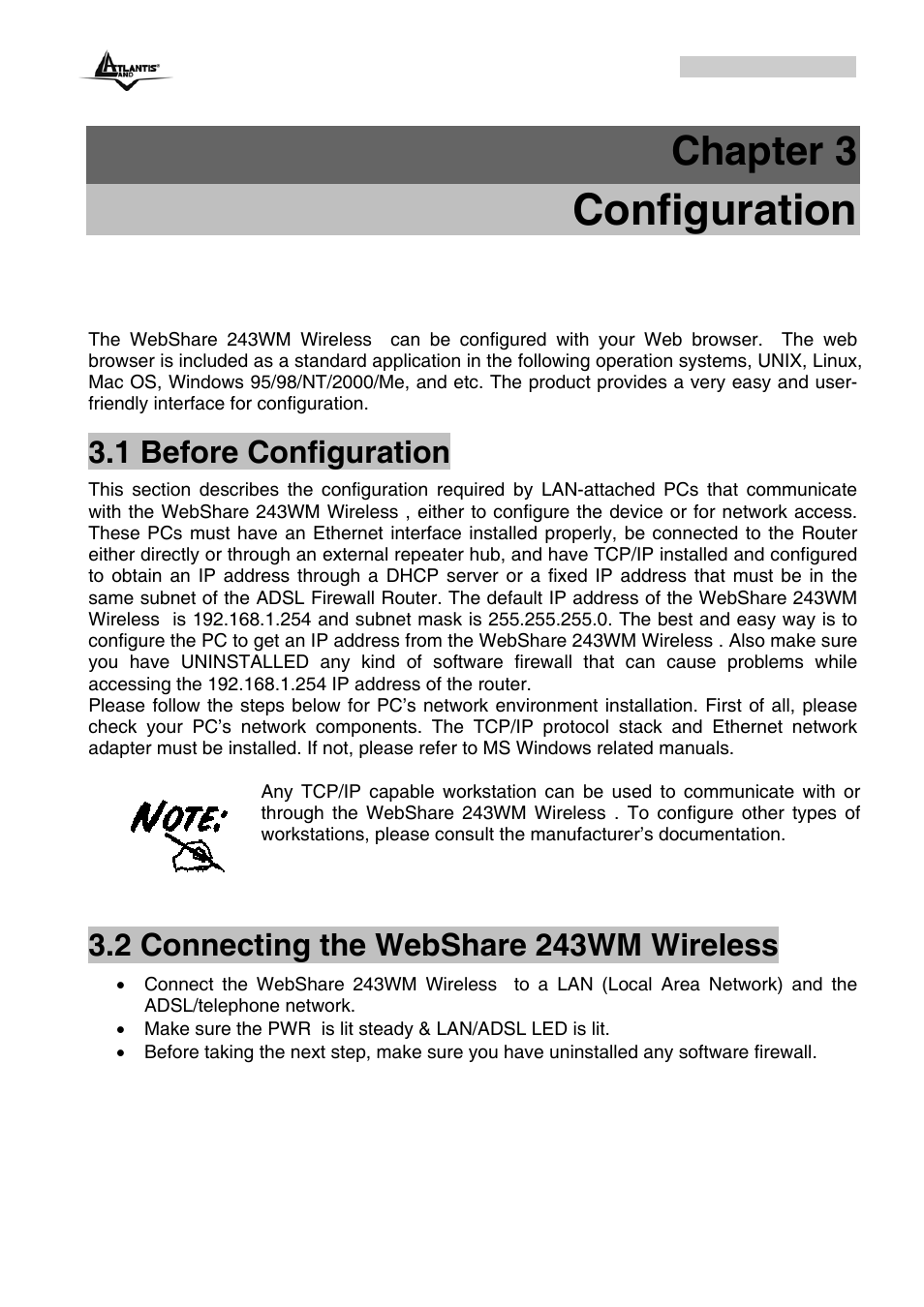 Configuration, Chapter 3, 1 before configuration | 2 connecting the webshare 243wm wireless | Atlantis Land A02-RA243-W54M_ME01 User Manual | Page 17 / 88