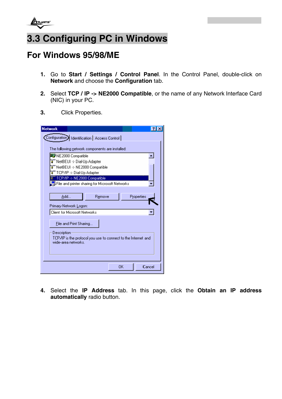3 configuring pc in windows, For windows 95/98/me | Atlantis Land A02-RA243-W54M_ME01 User Manual | Page 18 / 88