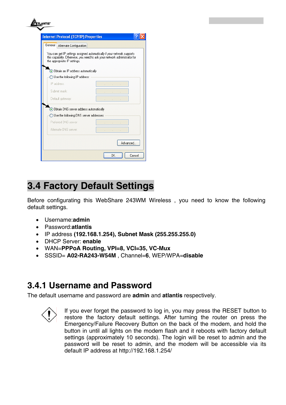 4 factory default settings, 1 username and password | Atlantis Land A02-RA243-W54M_ME01 User Manual | Page 25 / 88