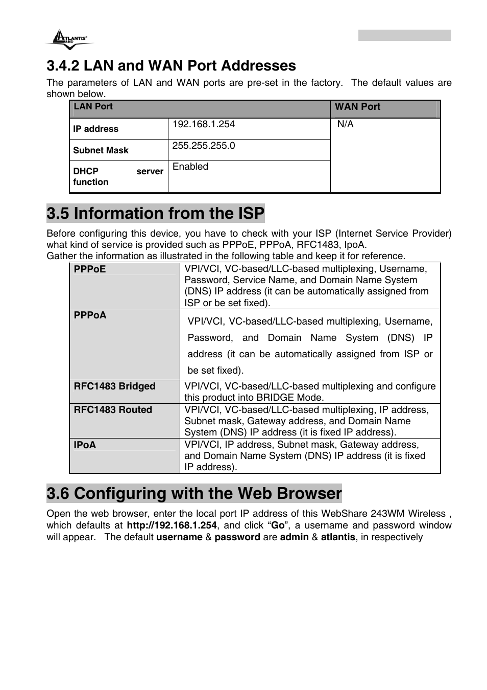 5 information from the isp, 6 configuring with the web browser, 2 lan and wan port addresses | Atlantis Land A02-RA243-W54M_ME01 User Manual | Page 26 / 88