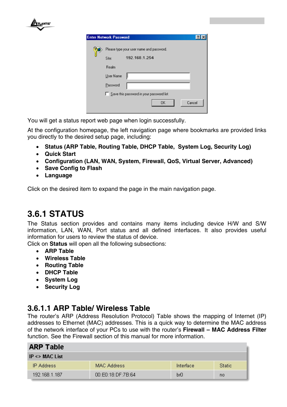 1 status, 1 arp table/ wireless table | Atlantis Land A02-RA243-W54M_ME01 User Manual | Page 27 / 88