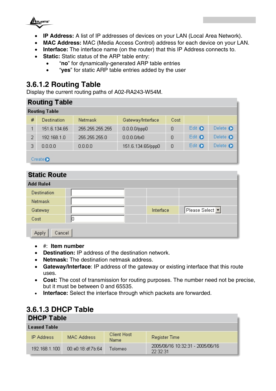 2 routing table, 3 dhcp table | Atlantis Land A02-RA243-W54M_ME01 User Manual | Page 28 / 88