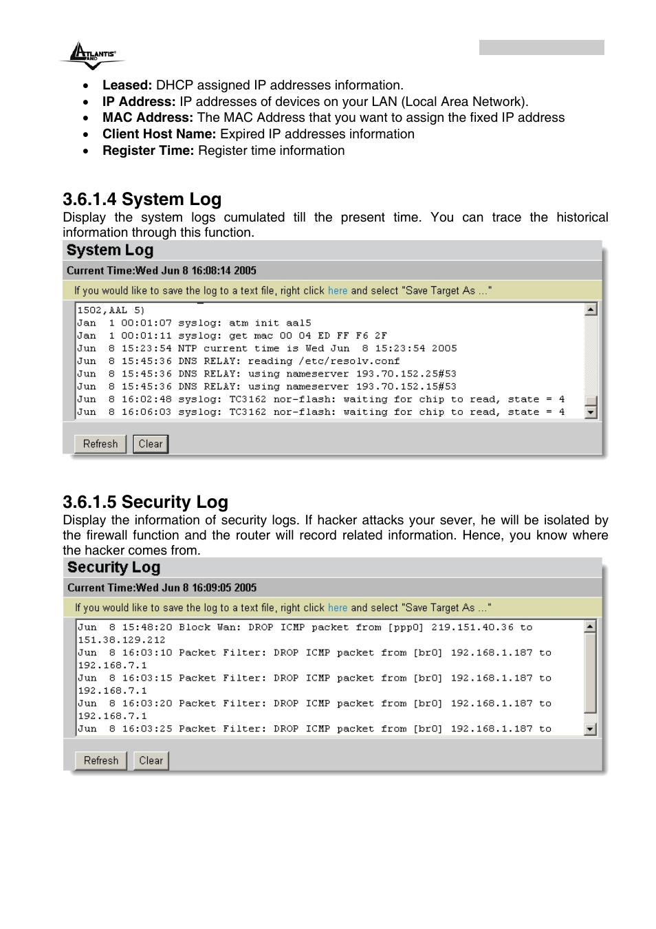 4 system log, 5 security log | Atlantis Land A02-RA243-W54M_ME01 User Manual | Page 29 / 88
