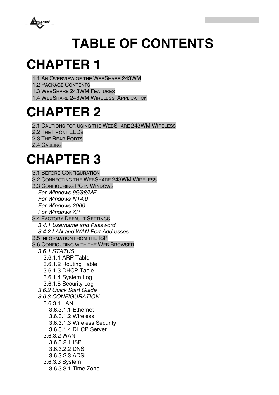 Table of contents chapter 1, Chapter 2, Chapter 3 | Atlantis Land A02-RA243-W54M_ME01 User Manual | Page 4 / 88