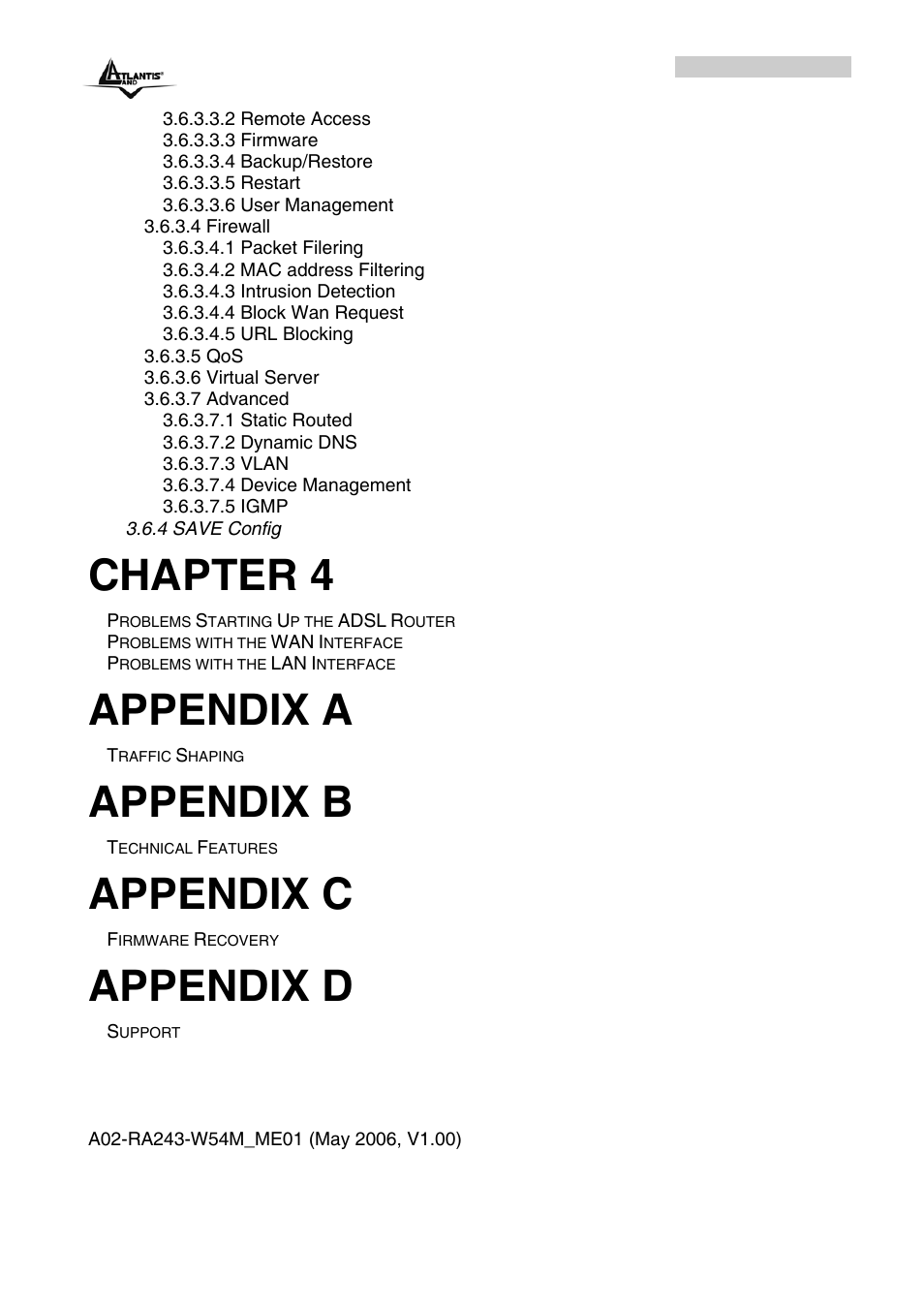 Chapter 4, Appendix a, Appendix b | Appendix c, Appendix d | Atlantis Land A02-RA243-W54M_ME01 User Manual | Page 5 / 88