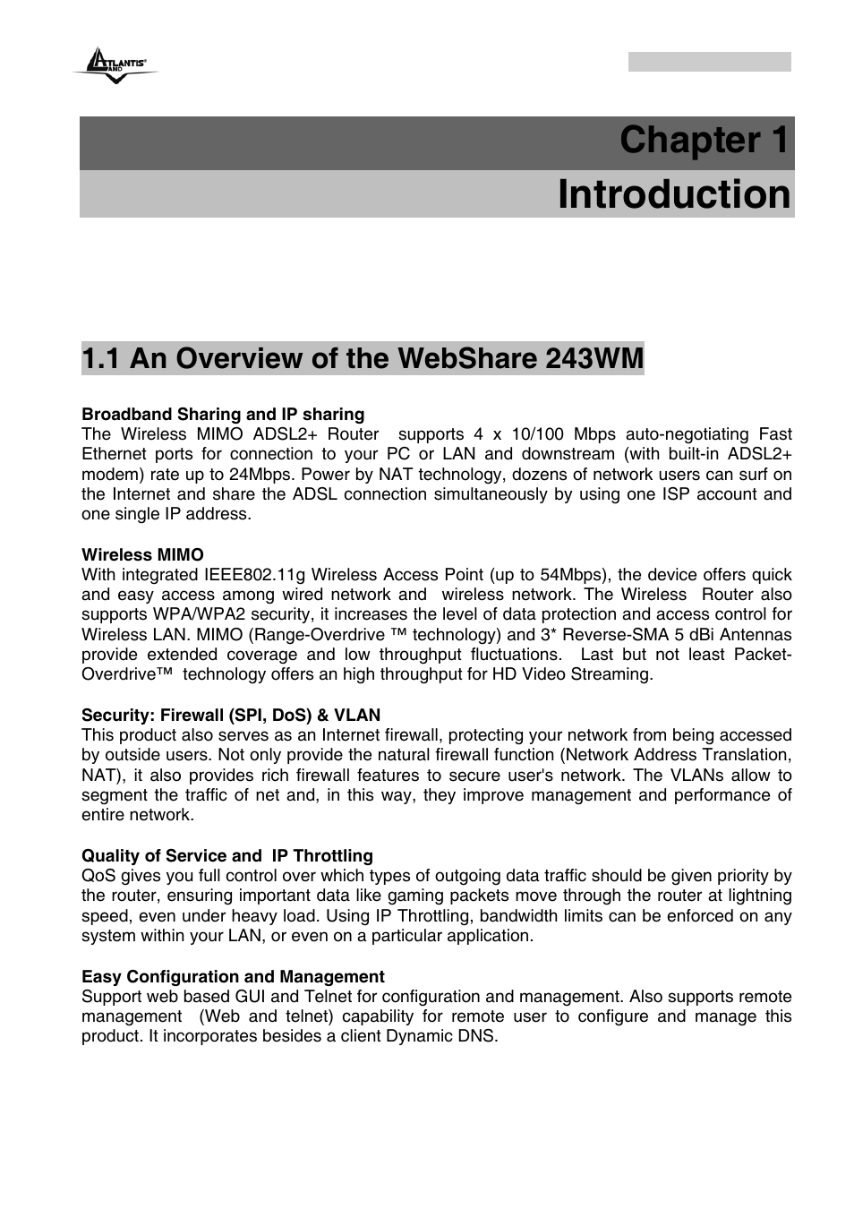 Introduction, Chapter 1, 1 an overview of the webshare 243wm | Atlantis Land A02-RA243-W54M_ME01 User Manual | Page 7 / 88