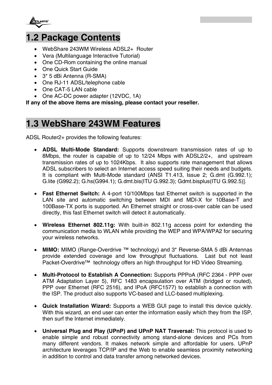 2 package contents, 3 webshare 243wm features | Atlantis Land A02-RA243-W54M_ME01 User Manual | Page 8 / 88