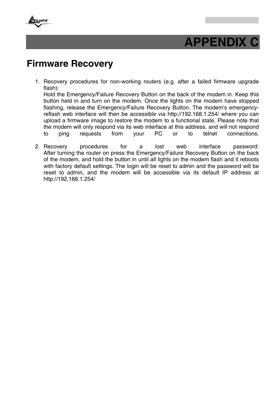 Appendix c, Firmware recovery | Atlantis Land A02-RA243-W54M_ME01 User Manual | Page 87 / 88