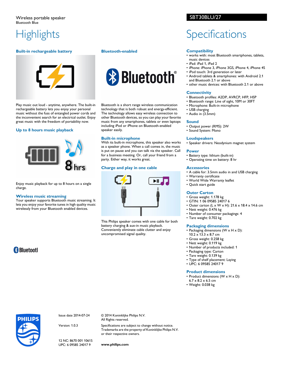 Highlights, Specifications, Sbt30blu/27 | Philips SBT30BLU-27 User Manual | Page 2 / 2