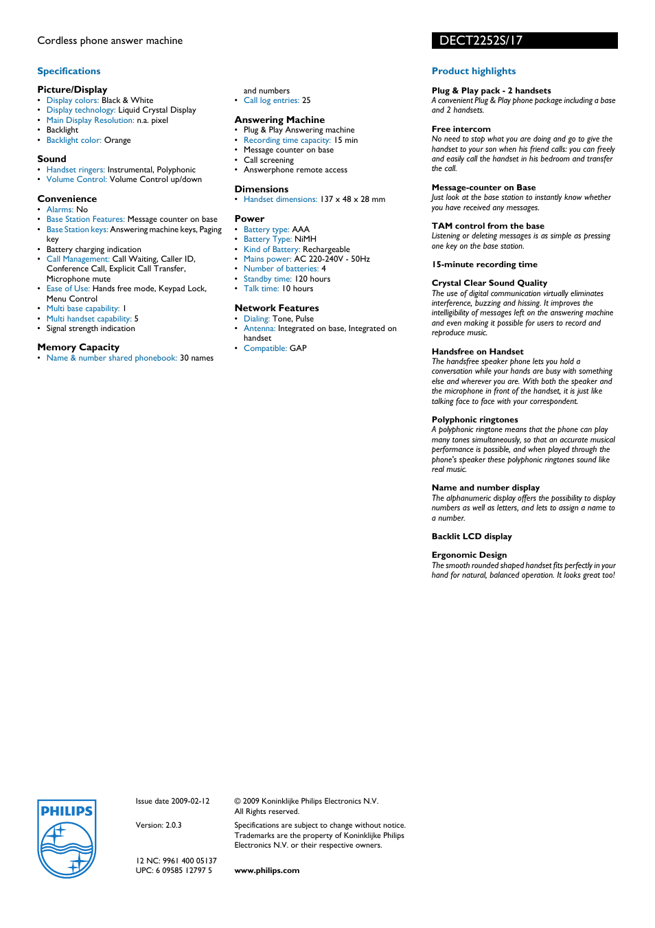 Philips DECT2252S-17 User Manual | Page 2 / 2