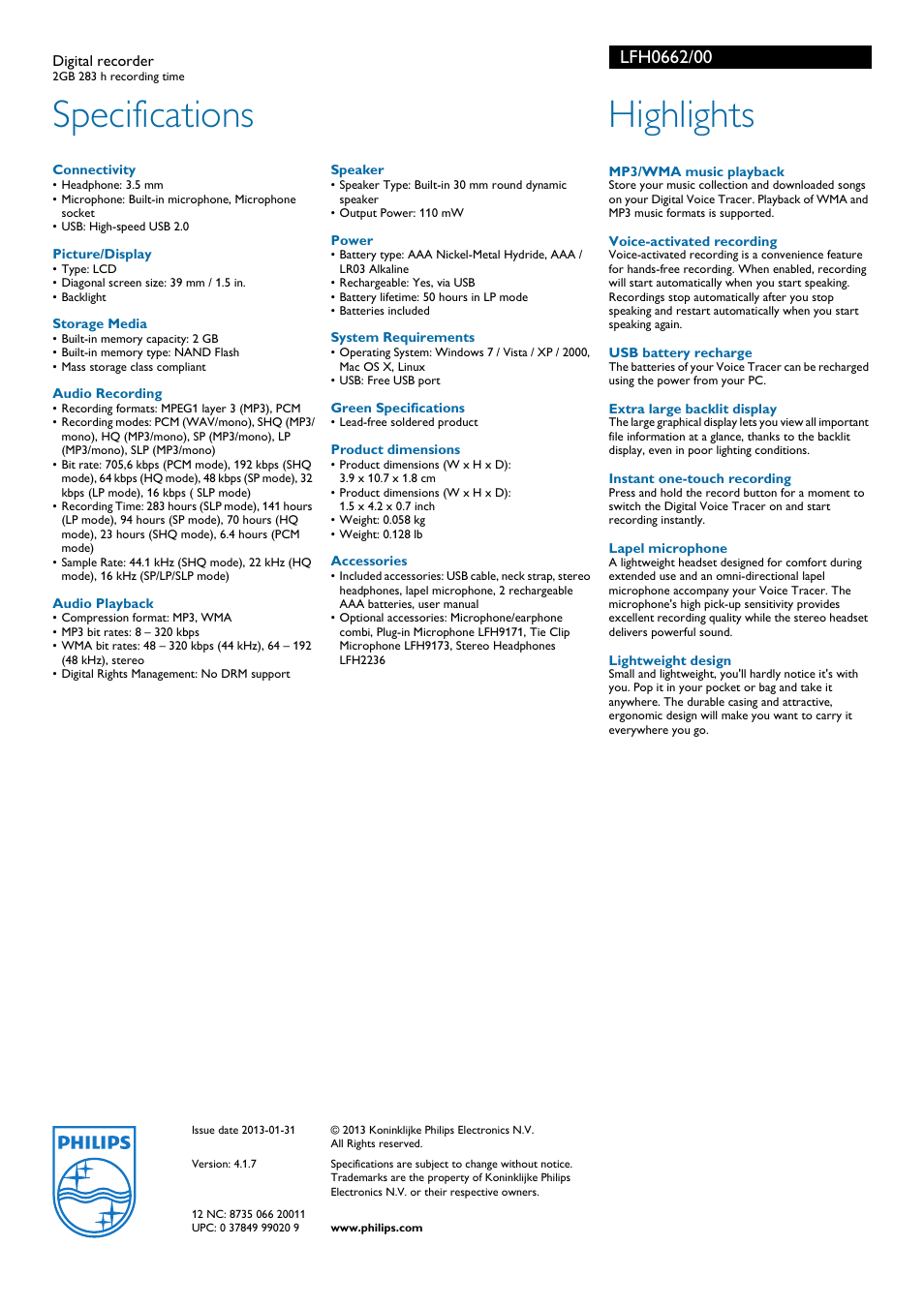 Specifications, Highlights | Philips LFH0662-00 User Manual | Page 2 / 2