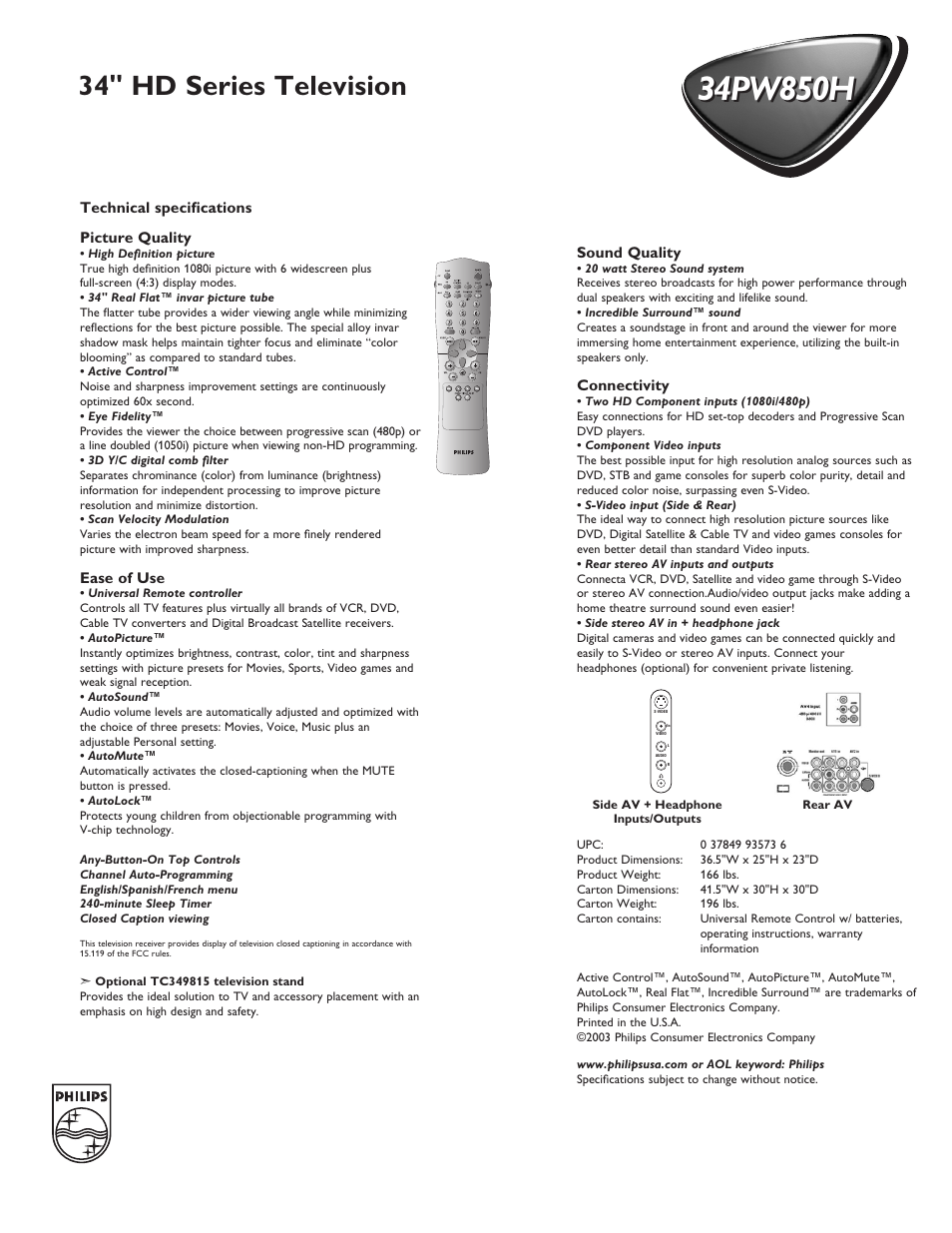 34" hd series television | Philips 34PW850H User Manual | Page 2 / 2