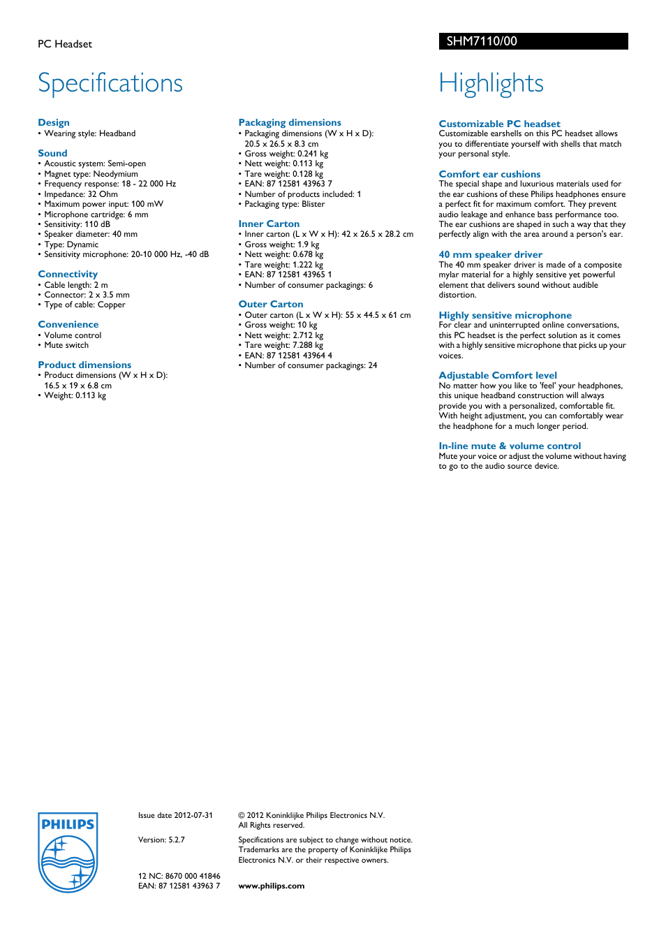 Specifications, Highlights | Philips SHM7110-00 User Manual | Page 2 / 2