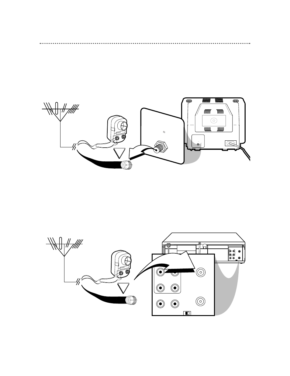 6 hookups without a cable box, Disconnect the antenna or cable from your tv, Audio | Video out in in out, Out in | Philips VRX360AT User Manual | Page 6 / 56