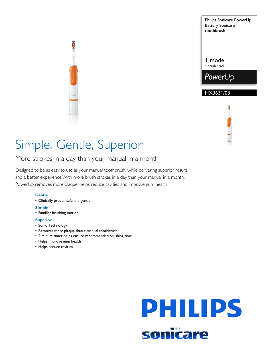 Philips Sonicare PowerUp Battery Sonicare toothbrush HX3631-03 1 mode 1 brush head User Manual | 2 pages