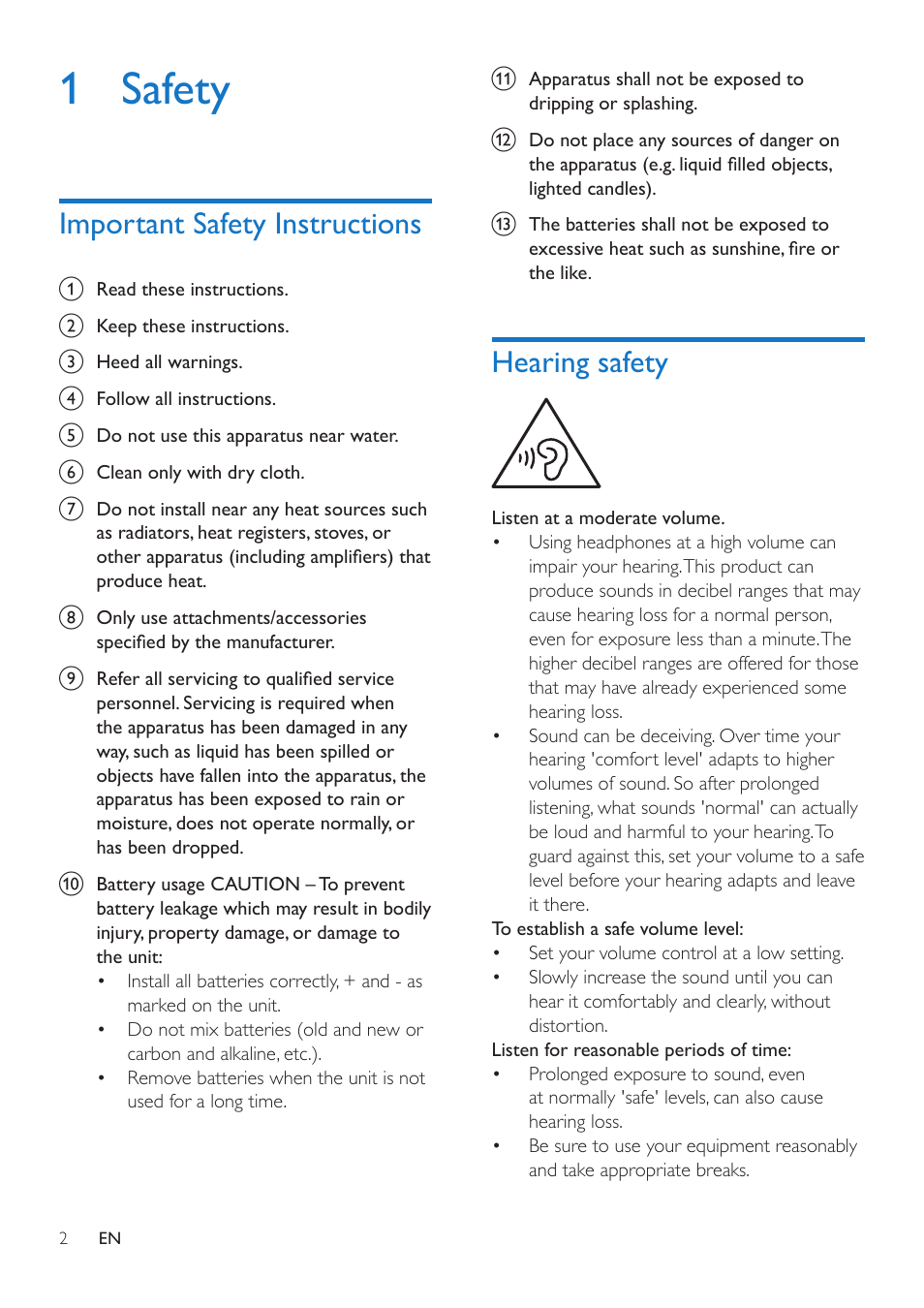 1 safety, Important safety instructions, Hearing safety | Philips Portable Radio AE1500 FM-AM Analogue tuning Built-in speaker Headphone jack Battery operated User Manual | Page 4 / 12
