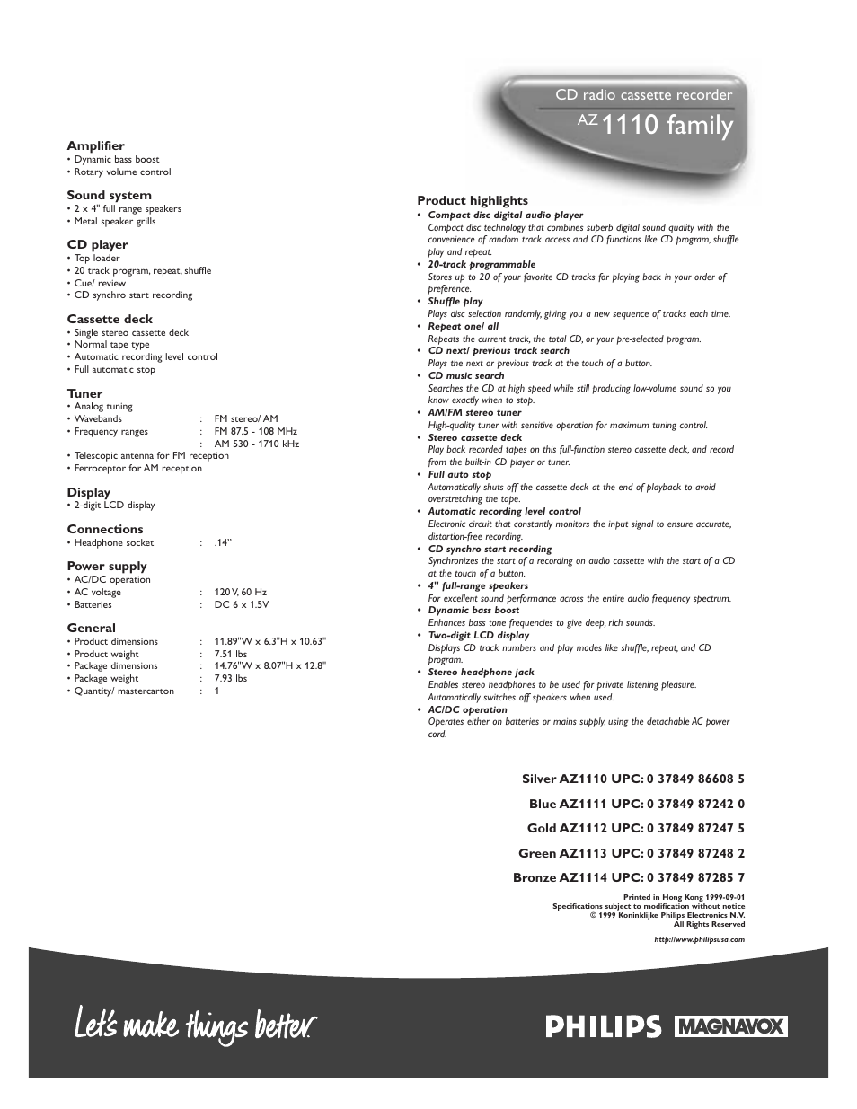 1110 family, Cd radio cassette recorder | Philips AZ1110-17 User Manual | Page 2 / 2