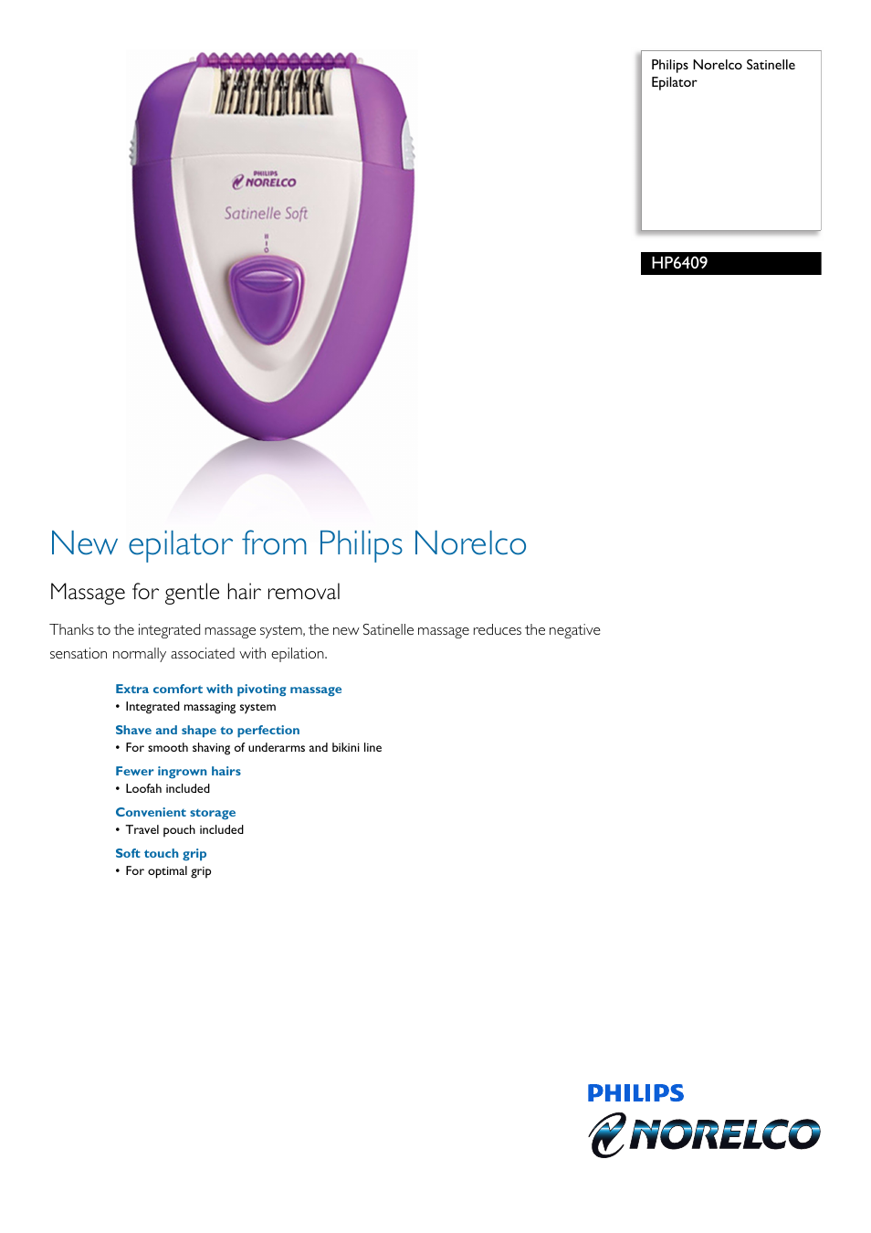 Philips Norelco Satinelle Epilator HP6409 User Manual | 2 pages