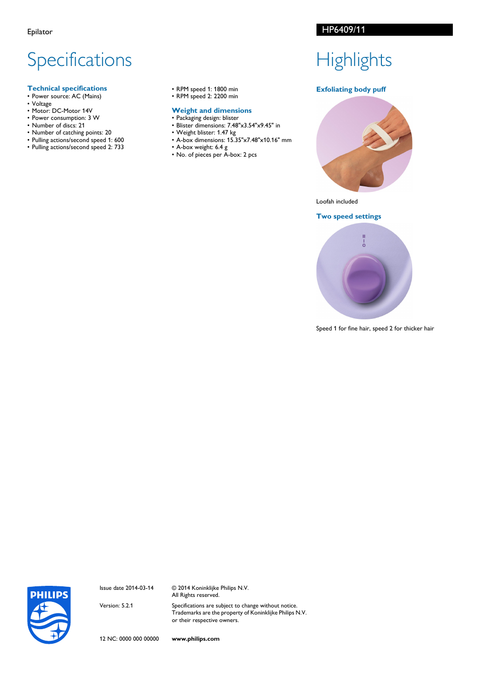 Specifications, Highlights | Philips Norelco Satinelle Epilator HP6409 User Manual | Page 2 / 2