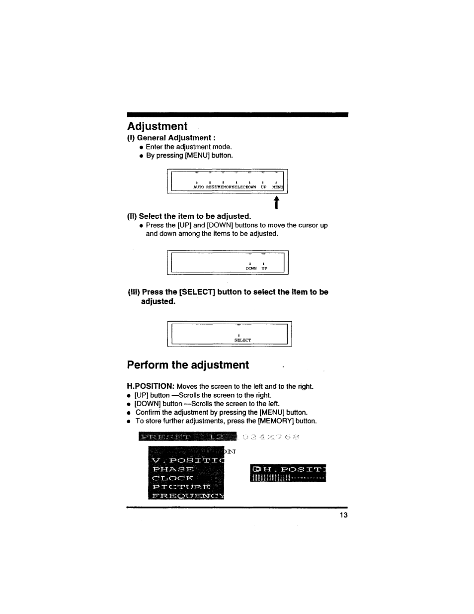 Adjustment, Ii) select the item to be adjusted, Perform the adjustment | Philips 14L4521599 User Manual | Page 15 / 29